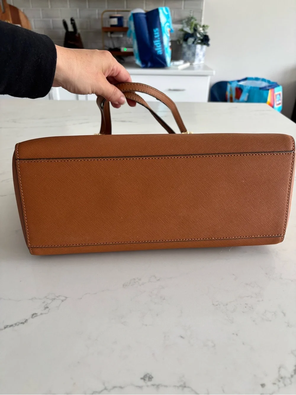 Tory Burch Saffiano Leather Tote in Cognac with Gold Logo